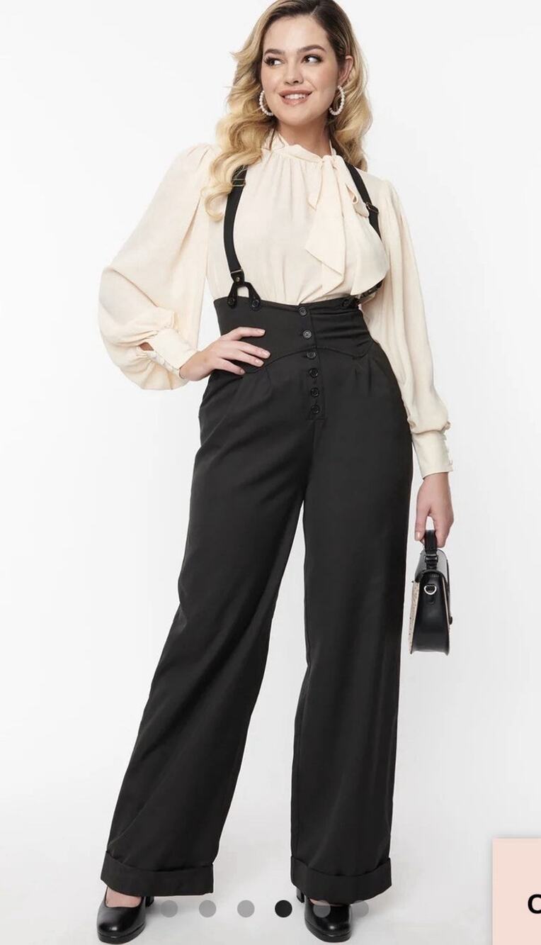 UNIQUE VINTAGE BLACK 1930s Wide Leg THELMA SUSPENDER PANTS – NEW – SZ M